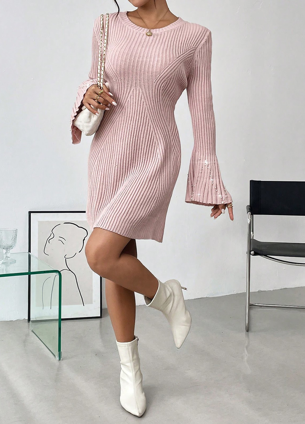 Світло-рожева кежуал сукня сукня светр SHEIN однотонна