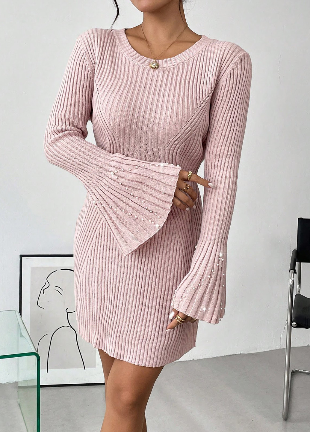 Світло-рожева кежуал сукня сукня светр SHEIN однотонна