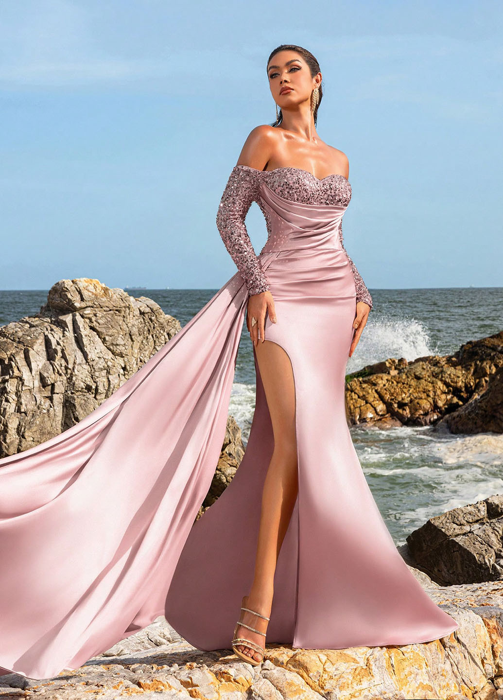 Светло-розовое вечернее платье со шлейфом, а-силуэт SHEIN однотонное