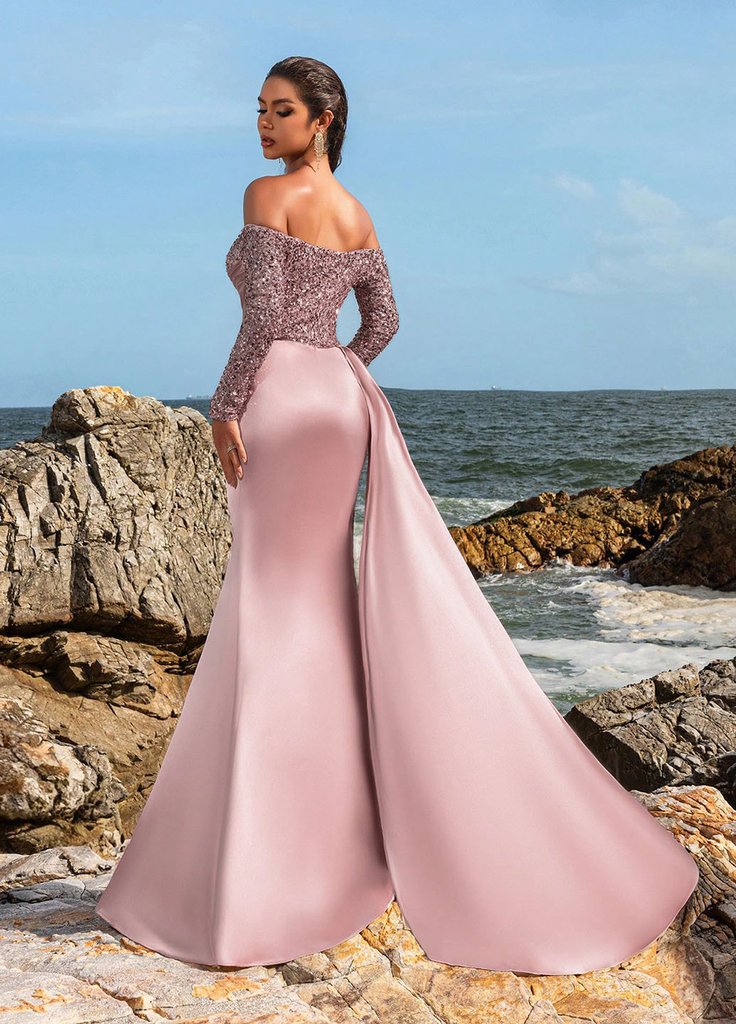 Светло-розовое вечернее платье со шлейфом, а-силуэт SHEIN однотонное