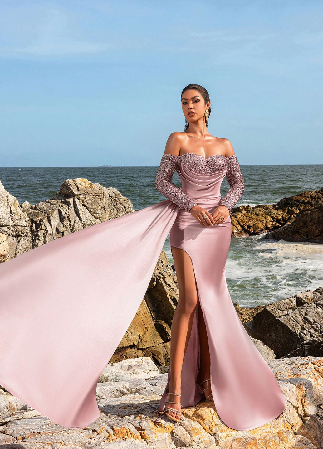 Светло-розовое вечернее платье со шлейфом, а-силуэт SHEIN однотонное