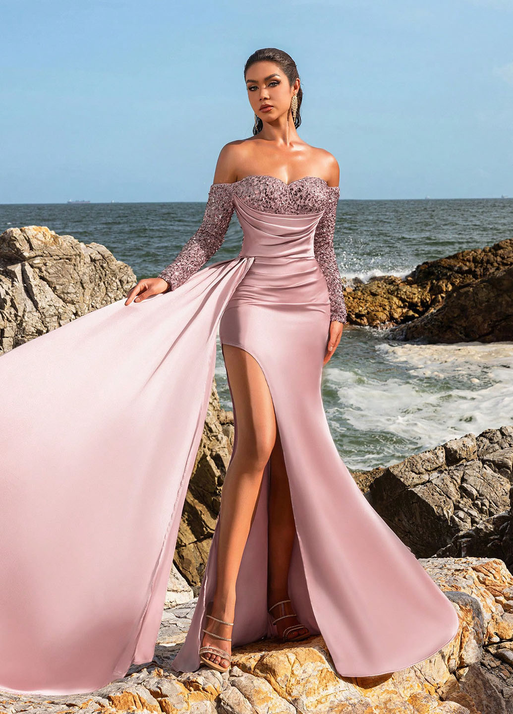Светло-розовое вечернее платье со шлейфом, а-силуэт SHEIN однотонное