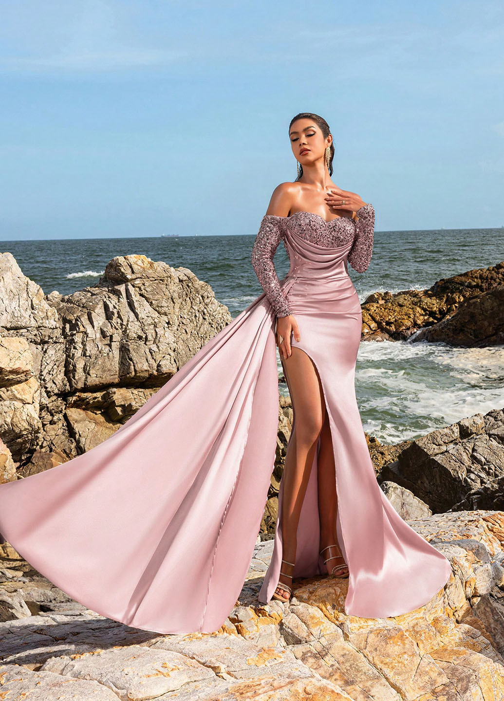 Светло-розовое вечернее платье со шлейфом, а-силуэт SHEIN однотонное