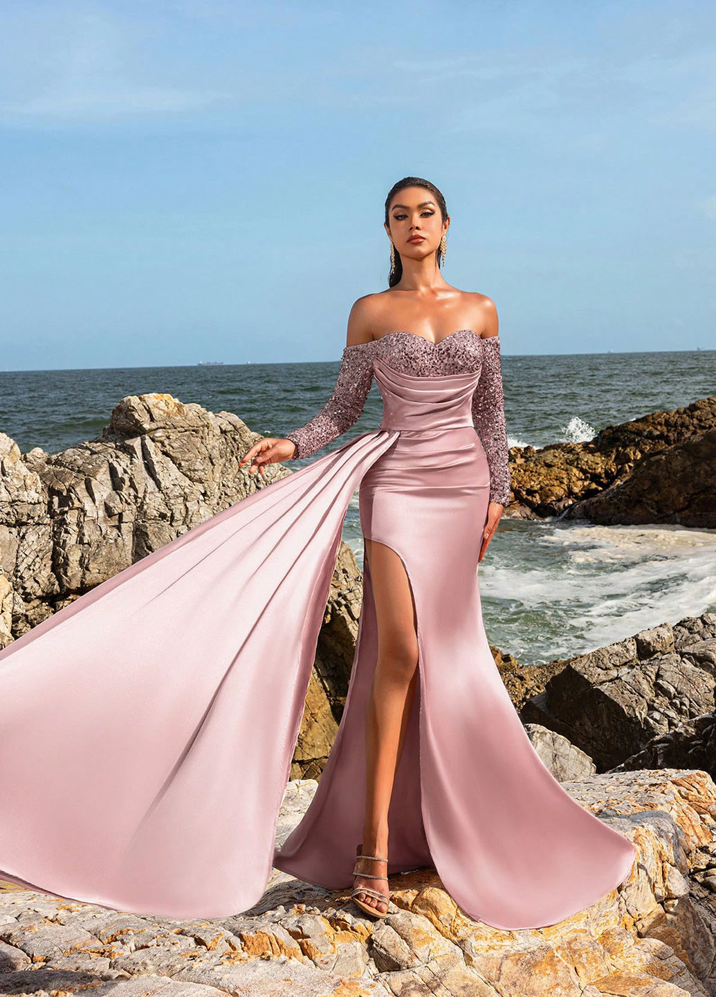Светло-розовое вечернее платье со шлейфом, а-силуэт SHEIN однотонное