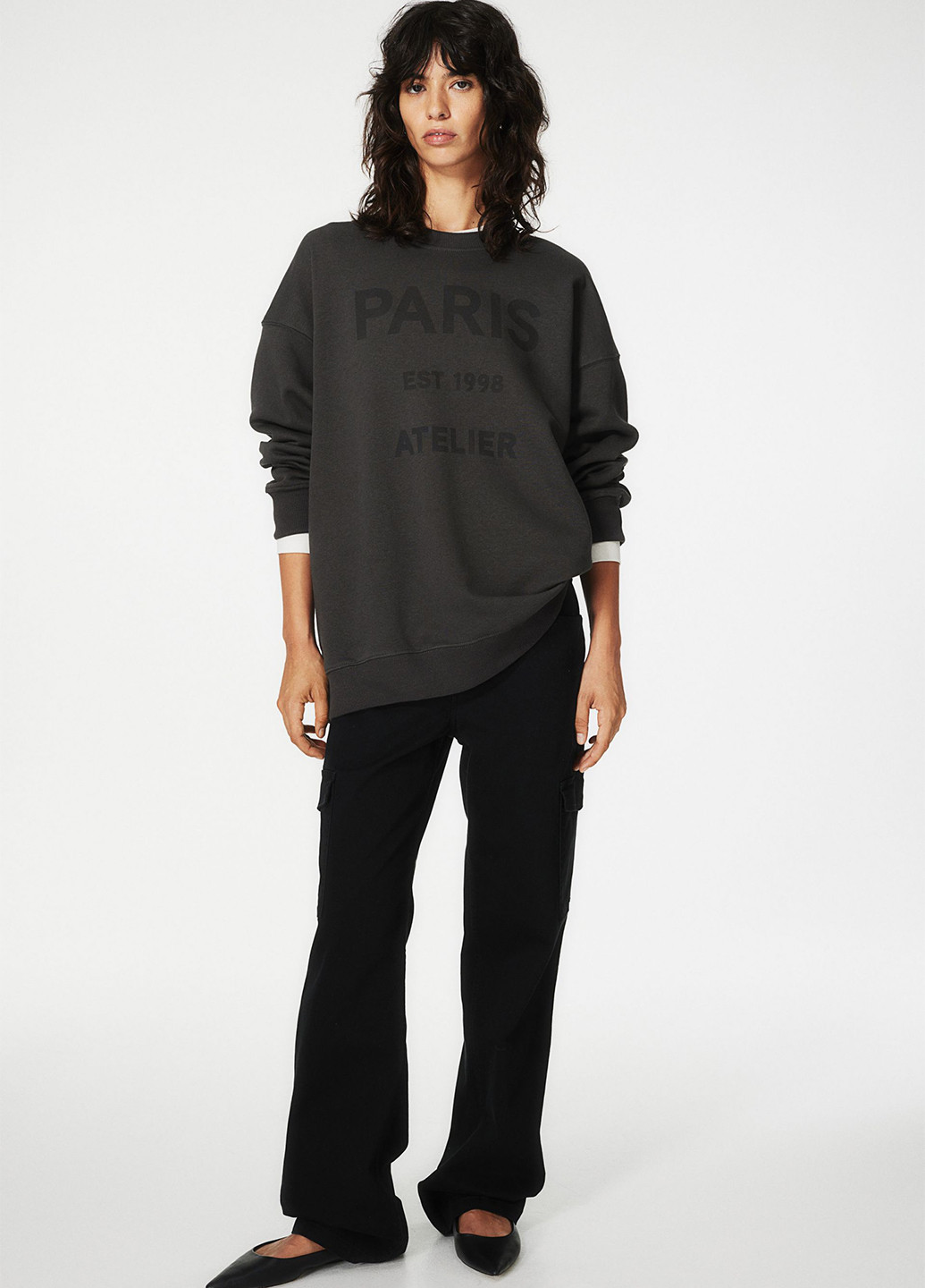 Свитшот H&M - Свободный крой надпись темно-серый кэжуал хлопок, трикотаж - (292711434)