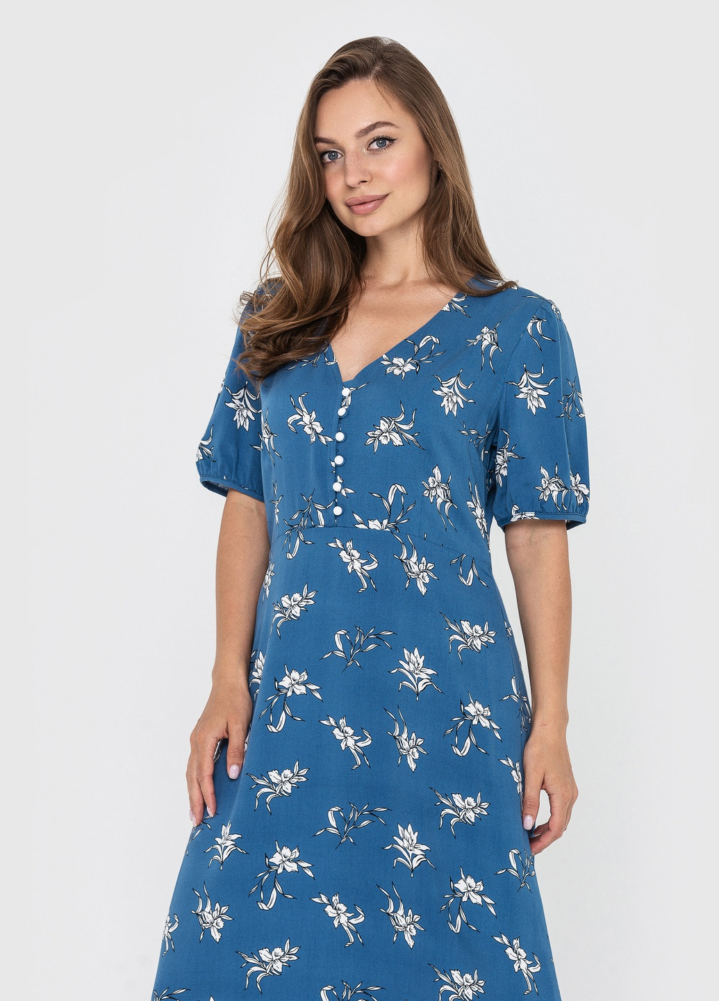 Синее кэжуал платье миди колокол, клеш BeART с цветочным принтом