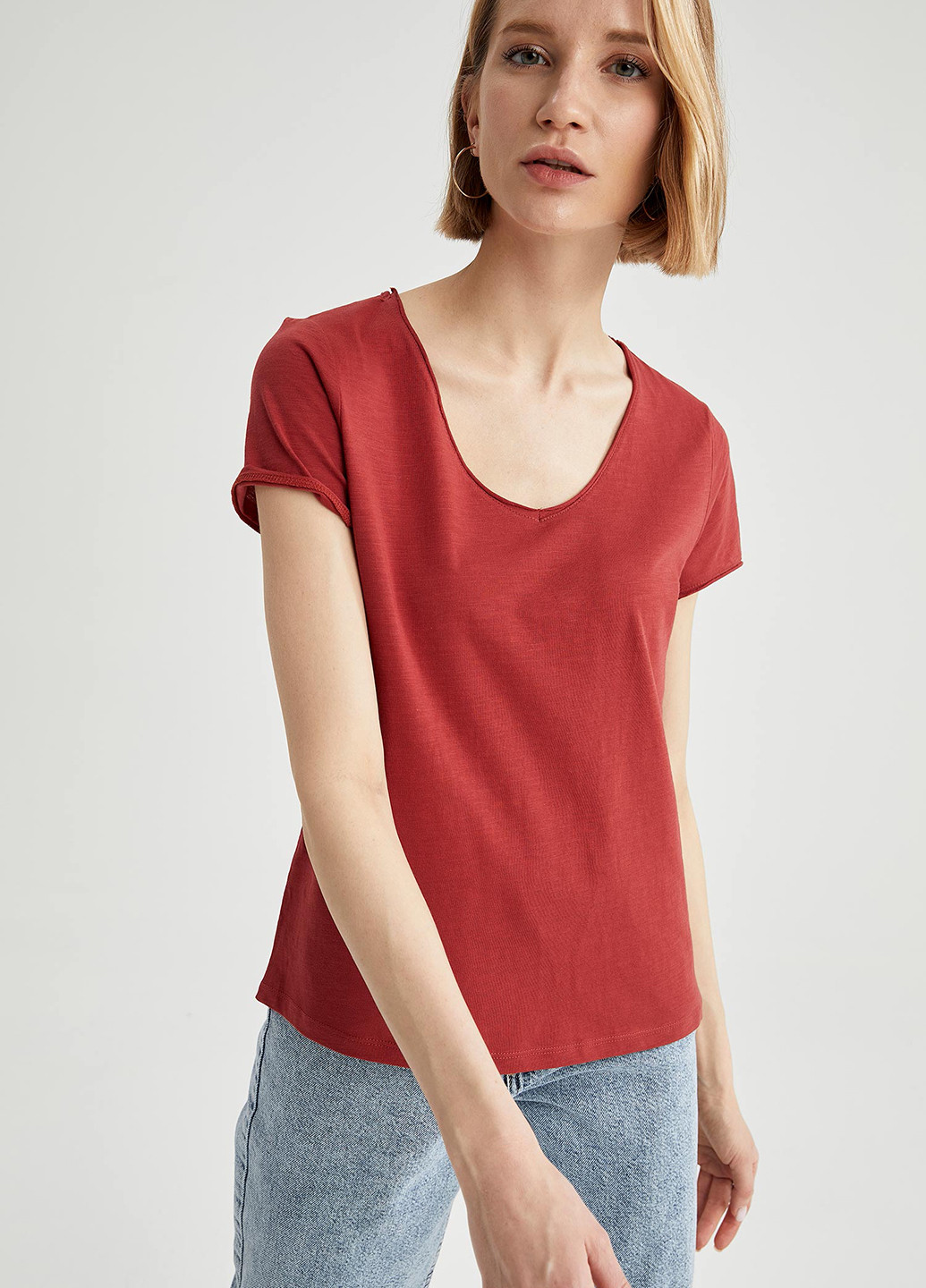 Темно-красная летняя футболка DeFacto