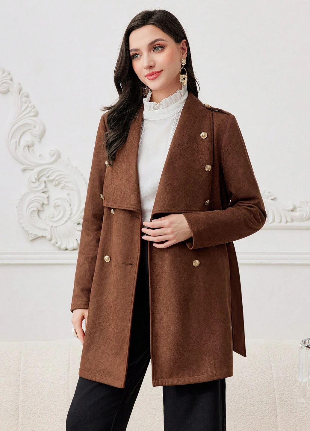 Коричневе зимнє Пальто двобортне SHEIN