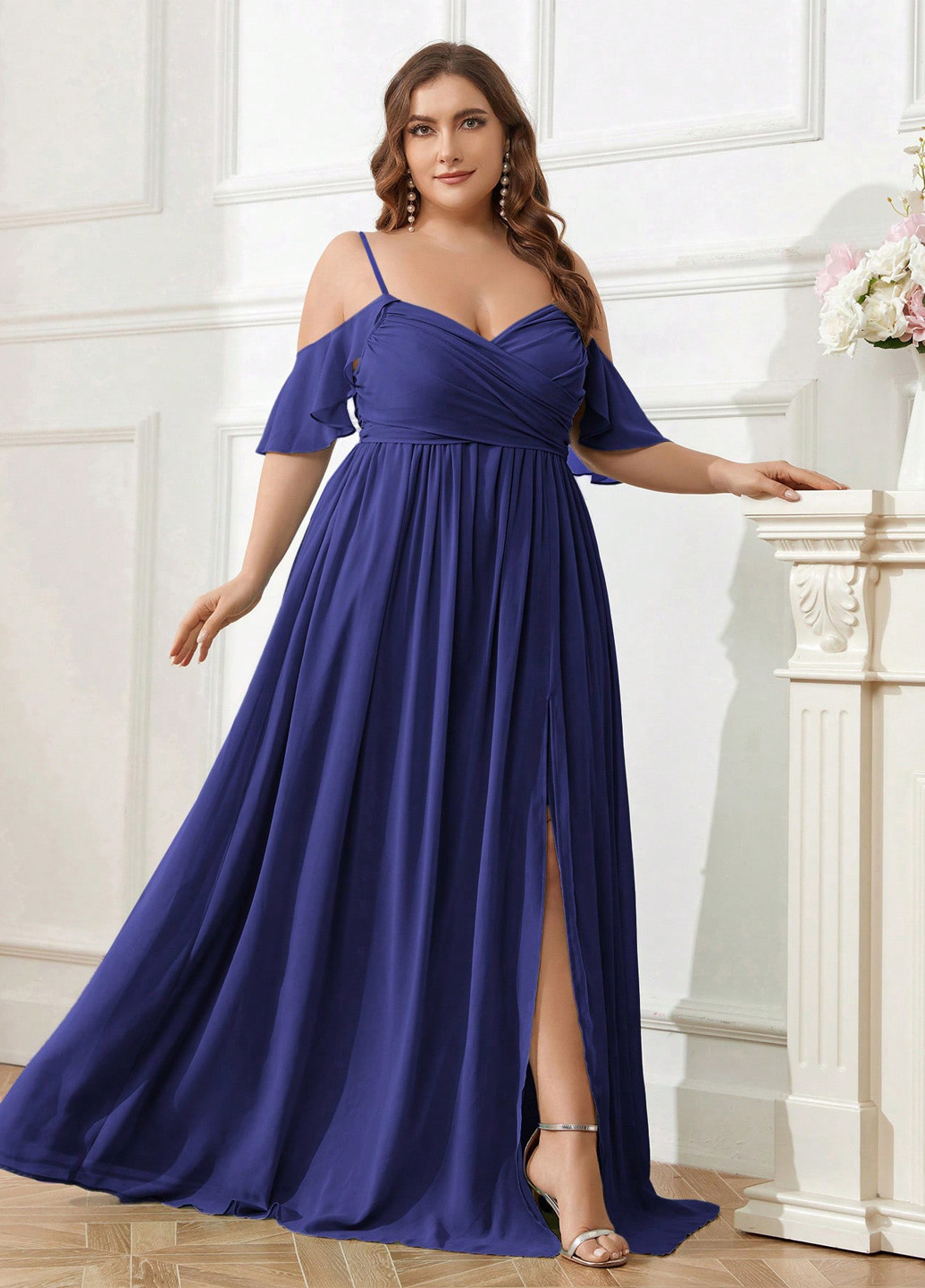 Синя вечірня сукня в грецькому стилі, з відкритими плечима SHEIN однотонна