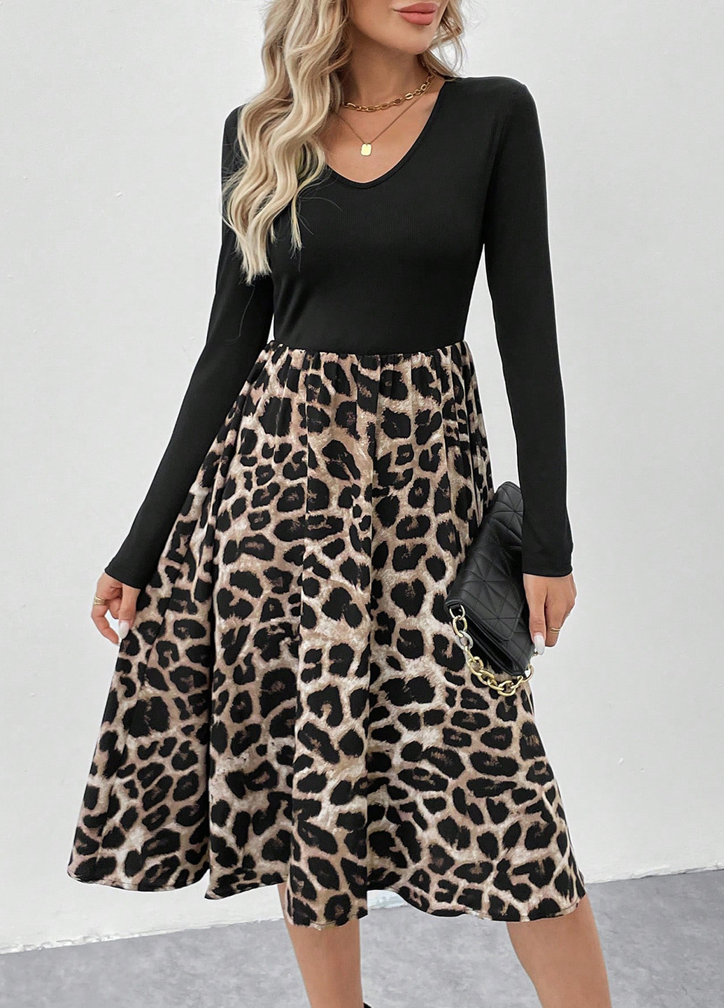 Комбинированное кэжуал платье клеш SHEIN леопардовый