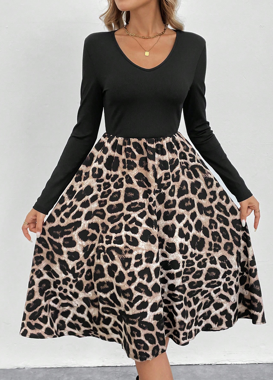 Комбинированное кэжуал платье клеш SHEIN леопардовый