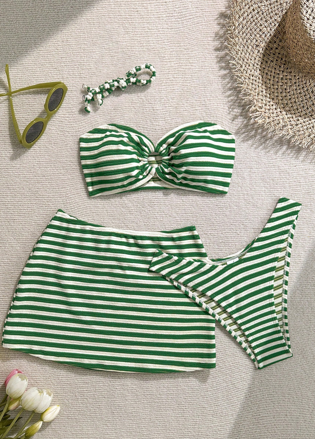 Зеленый летний комплект (лиф, трусики, юбка) бандо, раздельный SHEIN