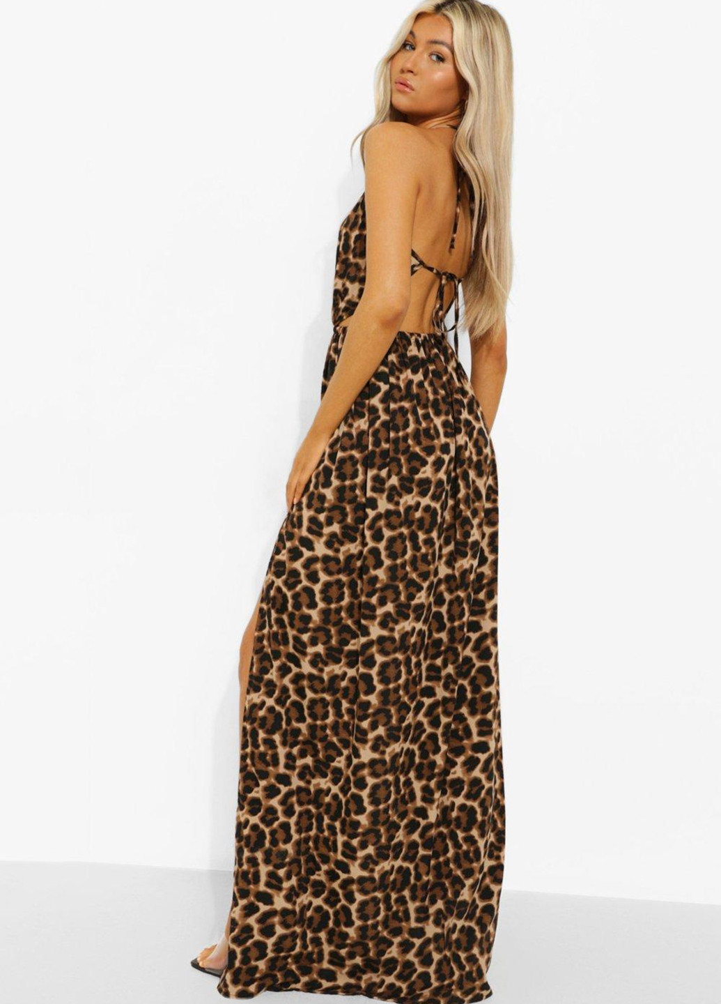 Коричневое вечернее платье с открытой спиной Boohoo леопардовый