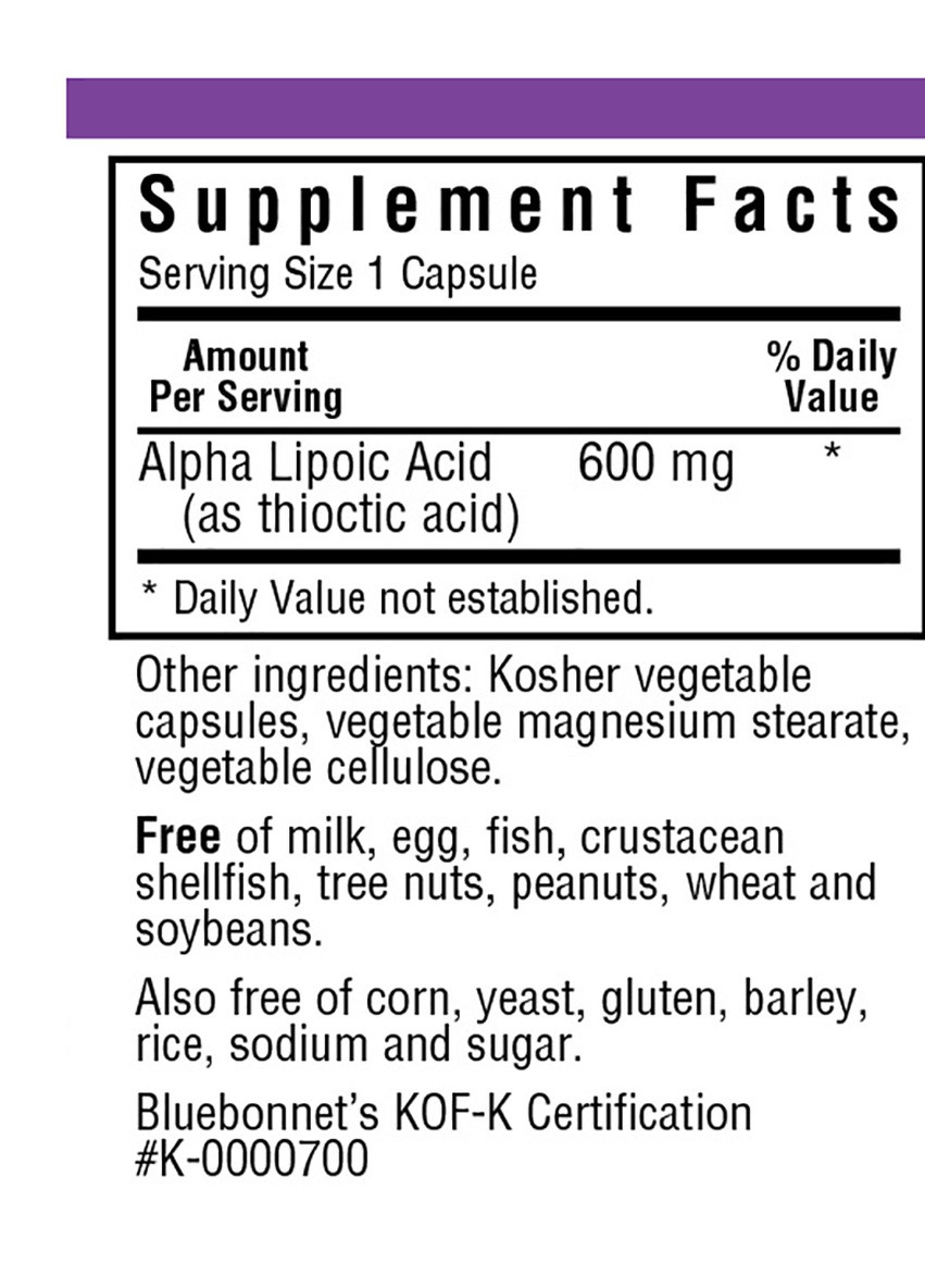 Альфа Ліпоєва Кислота 600 мг,, 30 рослинних капсул Bluebonnet Nutrition (228291613)
