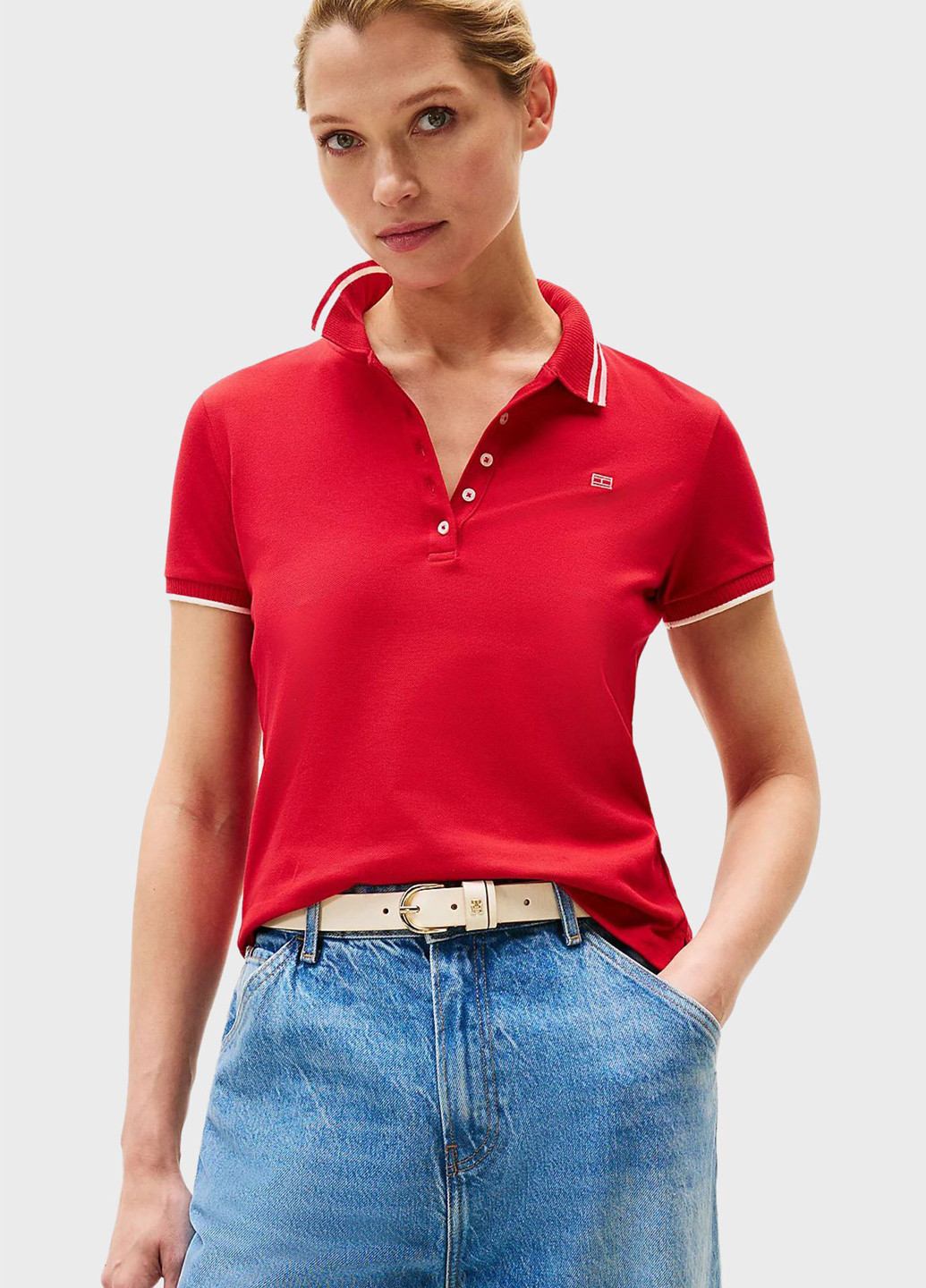 Красная женская футболка-поло Tommy Hilfiger однотонная