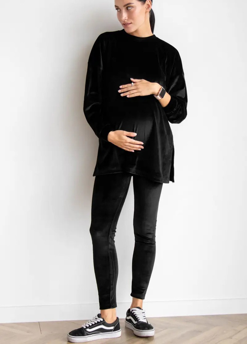Стильний велюровий костюм для вагітних чорний з кофтою oversize крою та звуженими лосинами To Be (254455842)