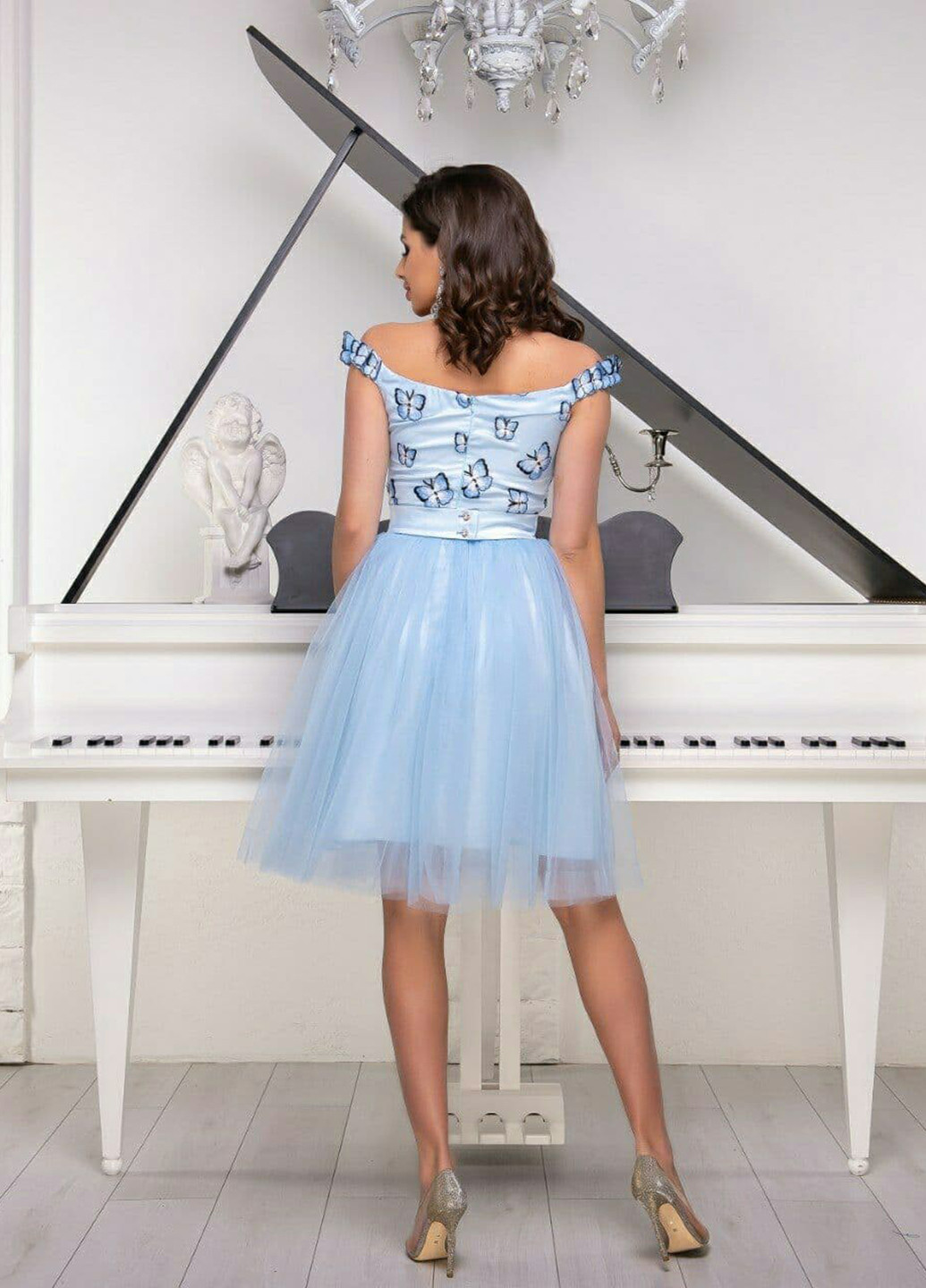 Голубое коктейльное платье с пышной юбкой, пачка, с открытыми плечами, колокол Jaklin бабочки