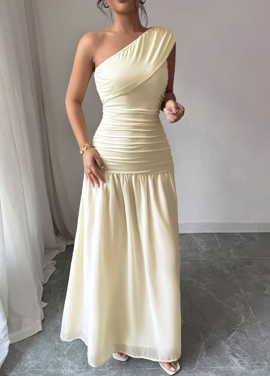 Світло-жовтий святковий, вечірня сукня кльош, з відкритими плечима SHEIN однотонна