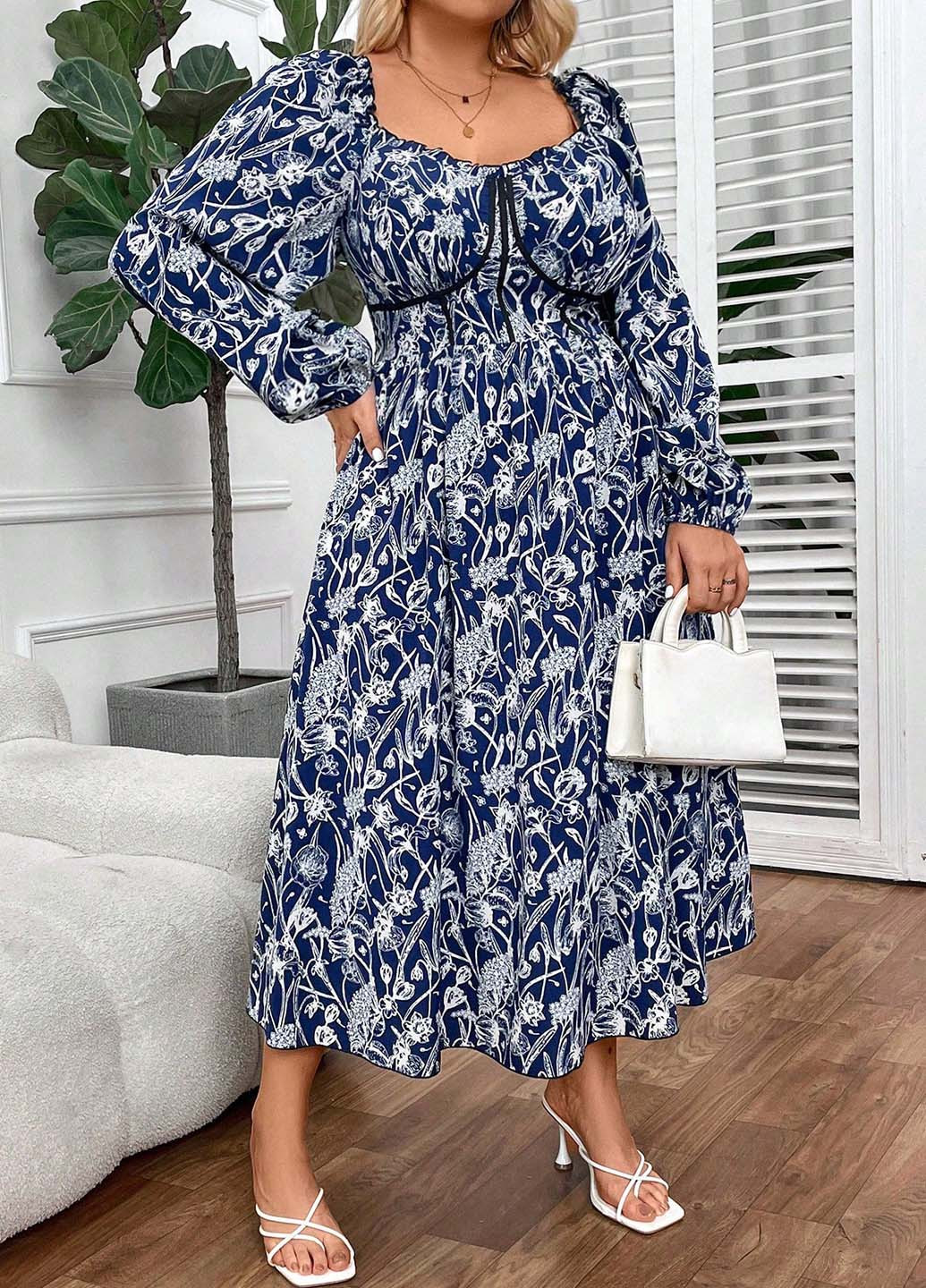 Синее кэжуал платье клеш SHEIN с цветочным принтом