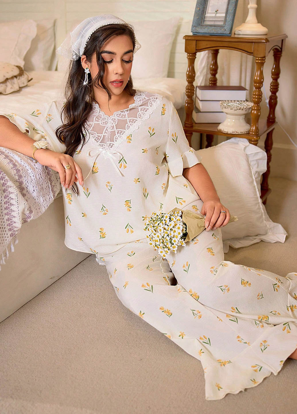 Молочная всесезон пижама (рубашка, брюки) рубашка + брюки SHEIN