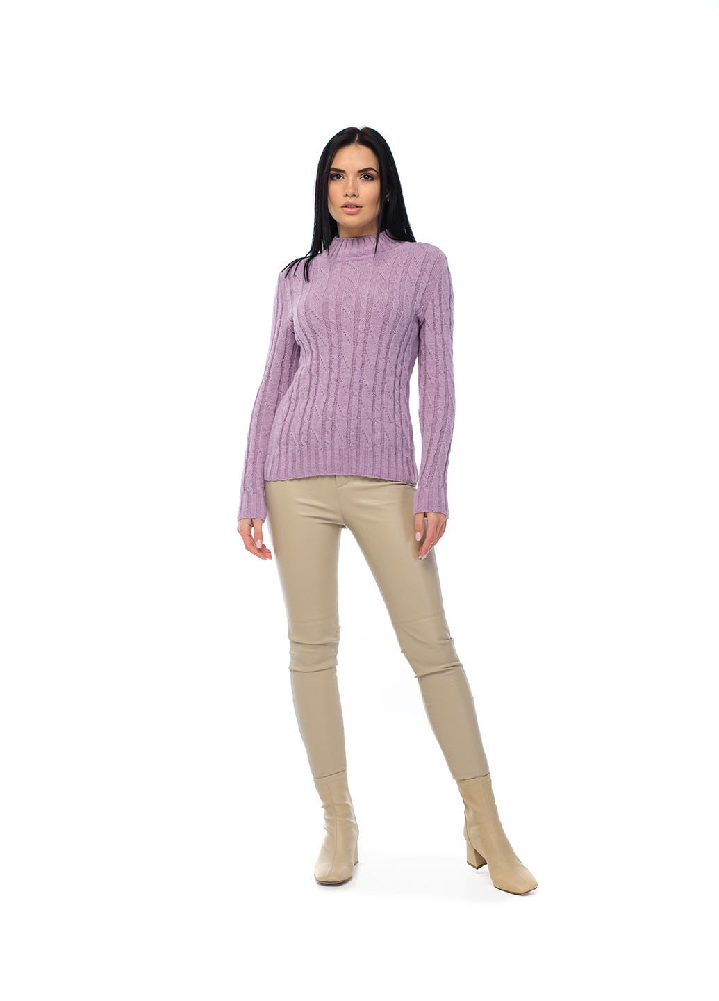 Бузковий зимовий жіночий м'який светр з коміром стійкою SVTR