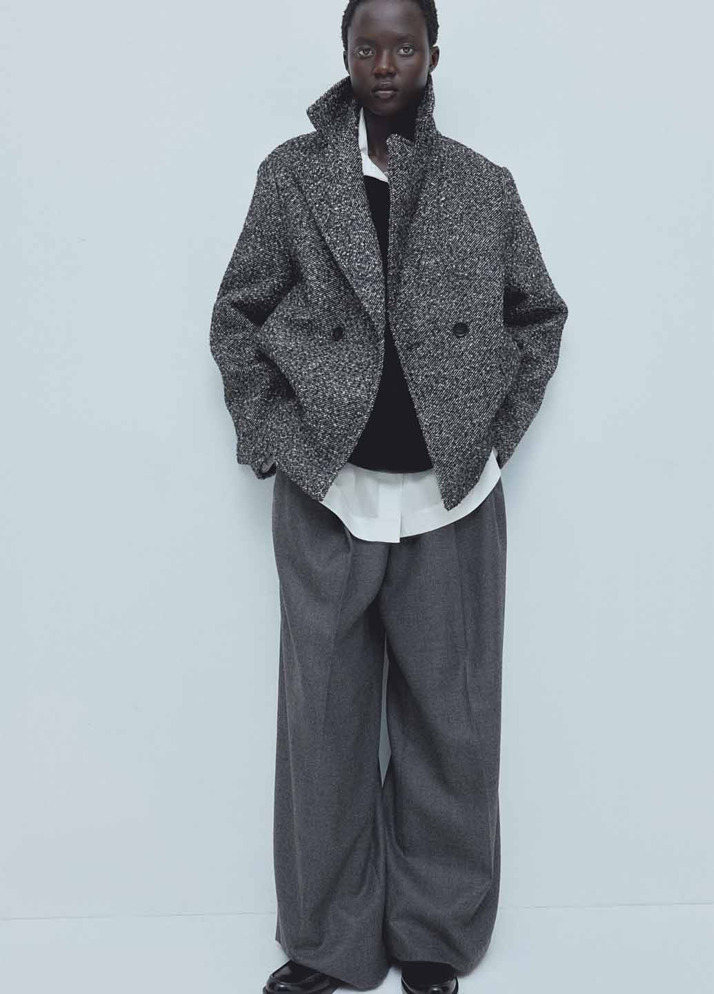 Черно-белое Кэжуал полупальто двубортное H&M меланж