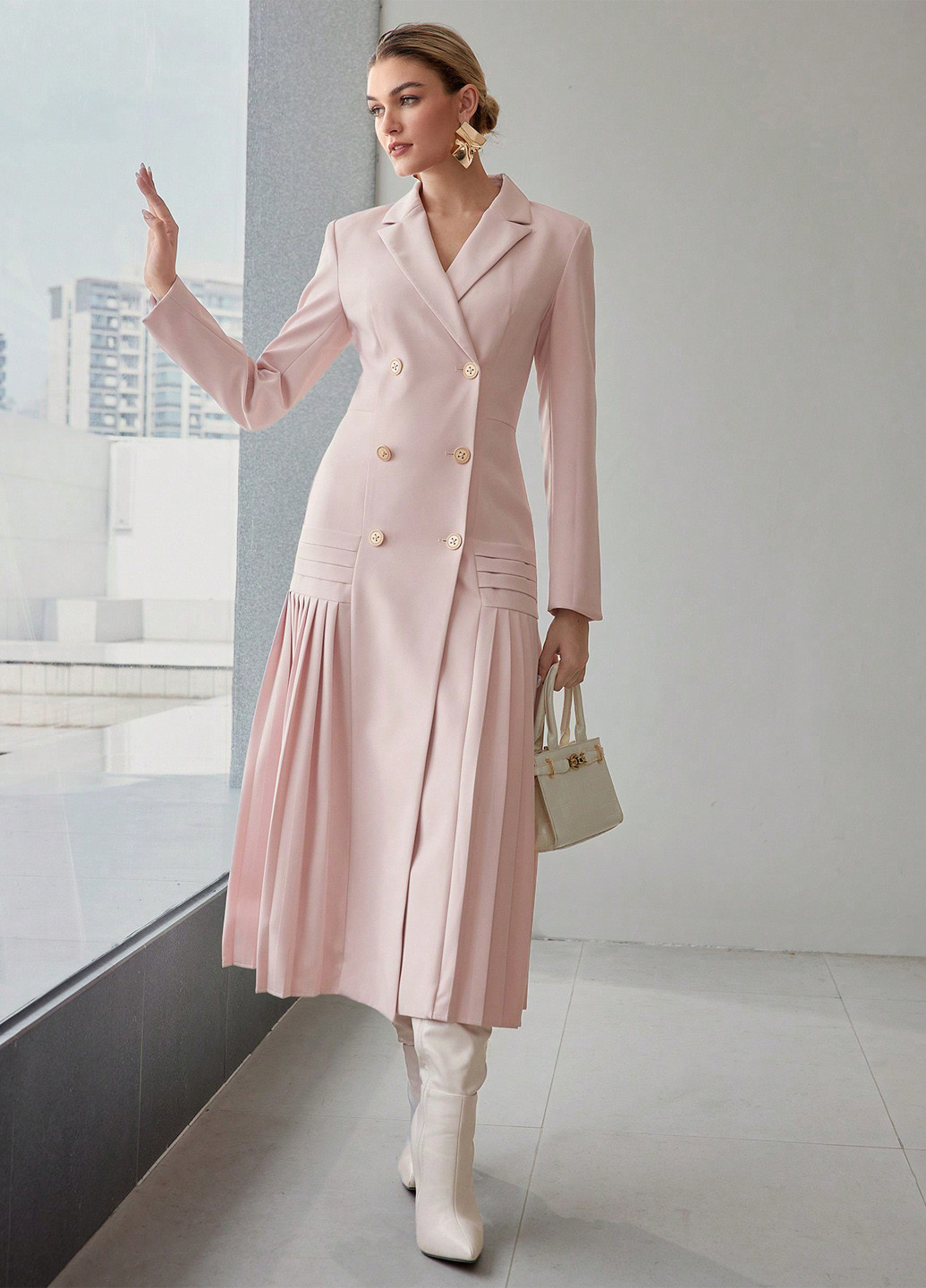 Светло-розовое кэжуал платье платье-жакет, плиссированное SHEIN однотонное