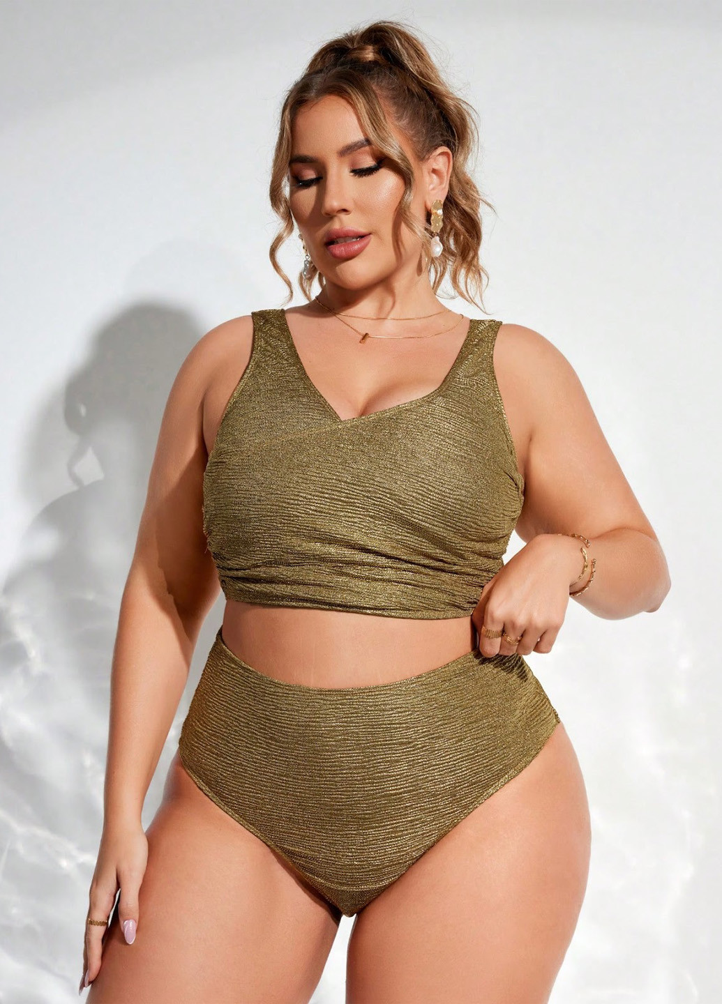 Темно-золотистый летний купальник (лиф, трусики) раздельный, топ SHEIN