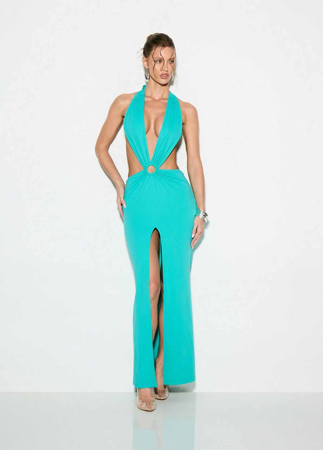 Мятное вечернее платье с открытой спиной SHEIN однотонное