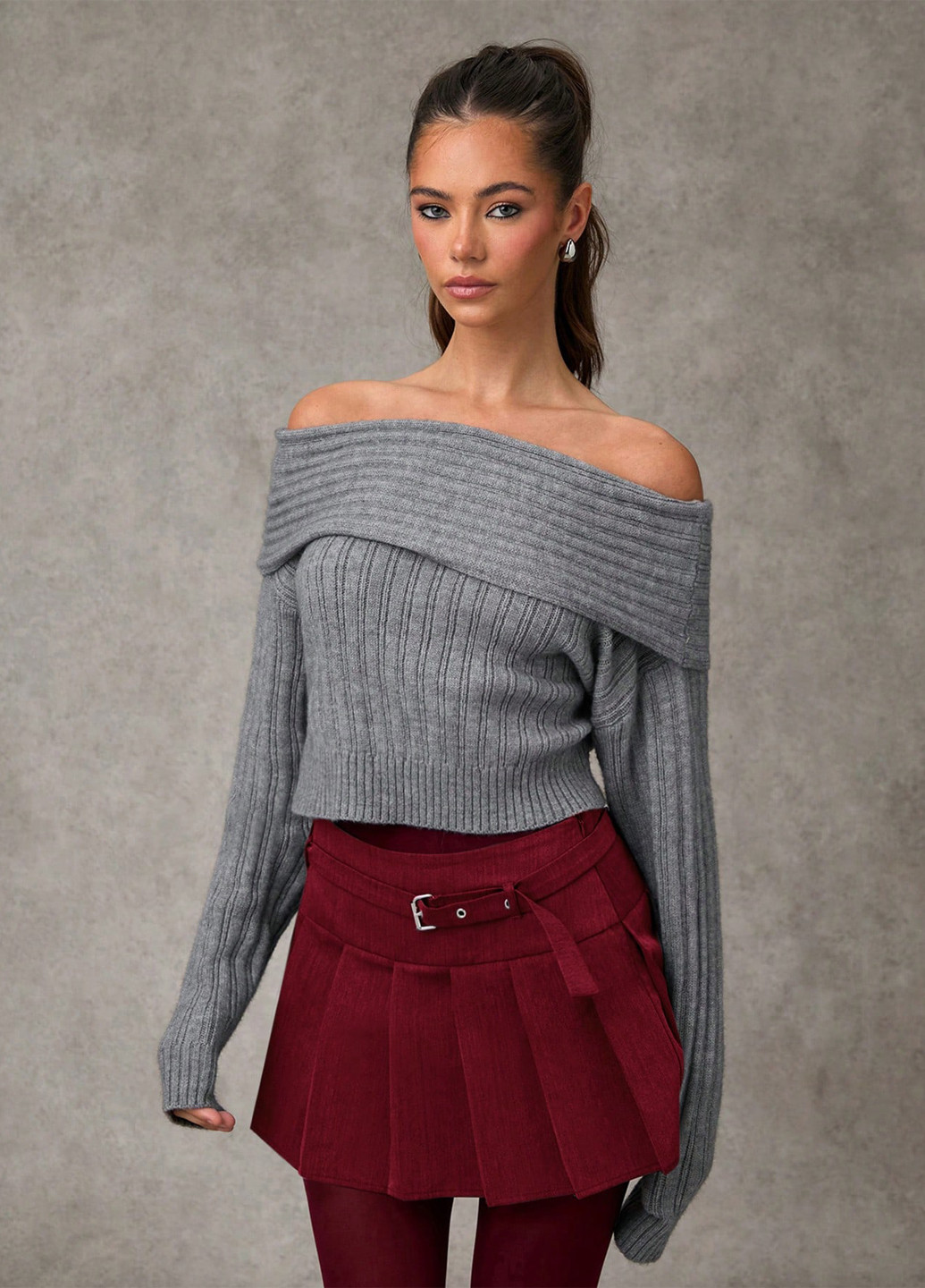 Бордовая кэжуал меланж юбка SHEIN а-силуэта (трапеция), плиссе