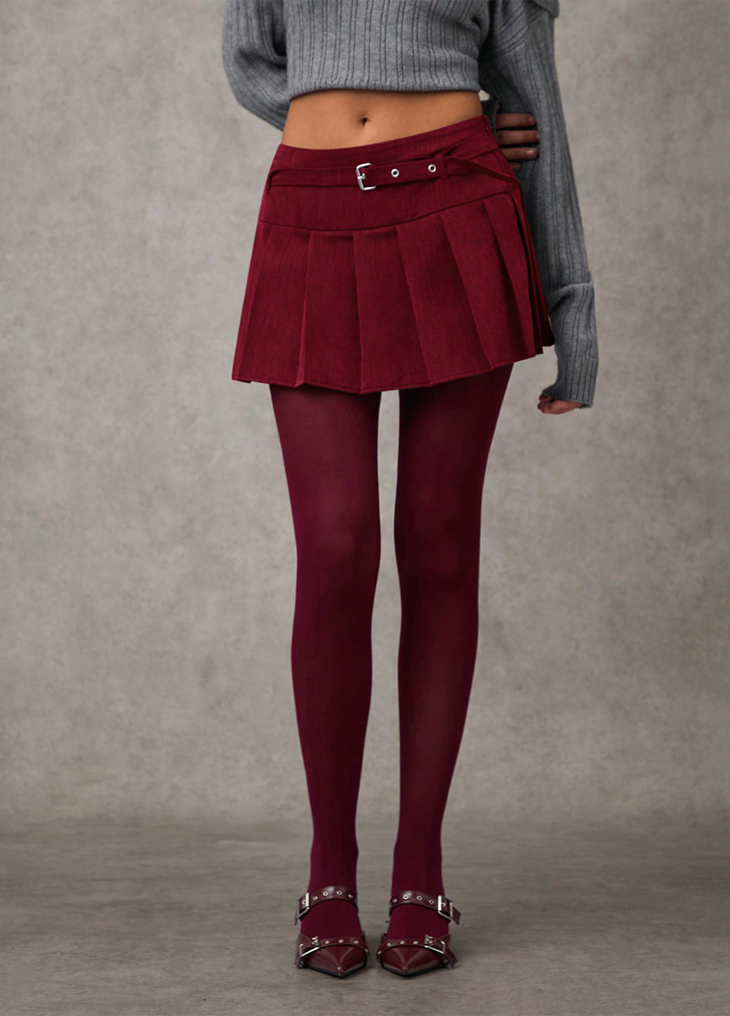 Бордовая кэжуал меланж юбка SHEIN а-силуэта (трапеция), плиссе