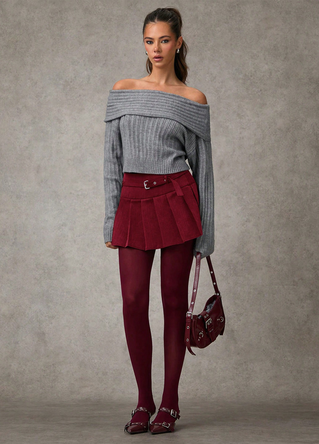 Бордовая кэжуал меланж юбка SHEIN а-силуэта (трапеция), плиссе