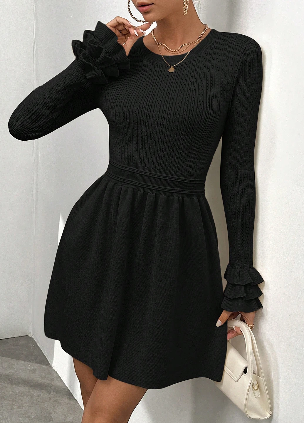 Черное кэжуал платье клеш, платье-свитер SHEIN однотонное