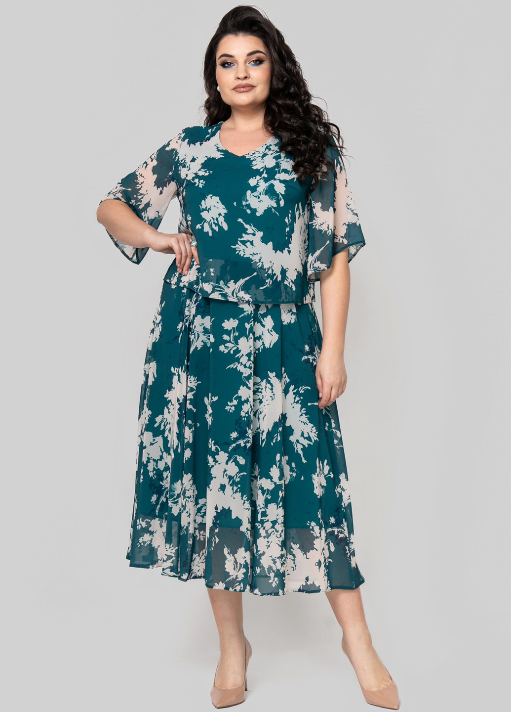 Темно-бирюзовое кэжуал платье а-силуэт A'll Posa с цветочным принтом