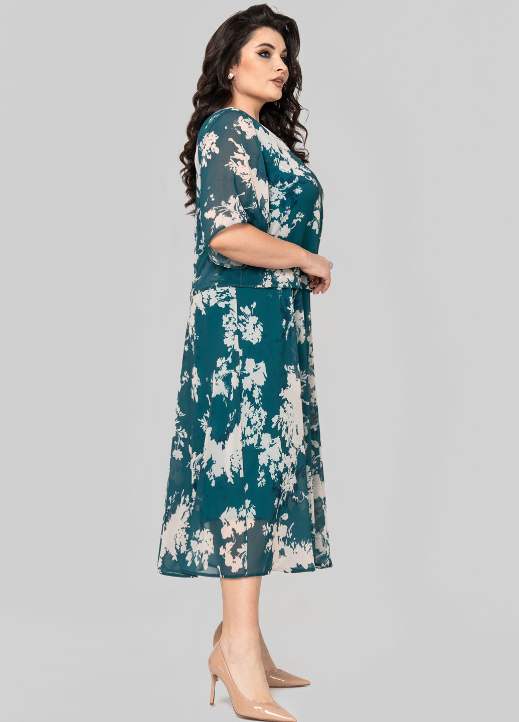 Темно-бирюзовое кэжуал платье а-силуэт A'll Posa с цветочным принтом