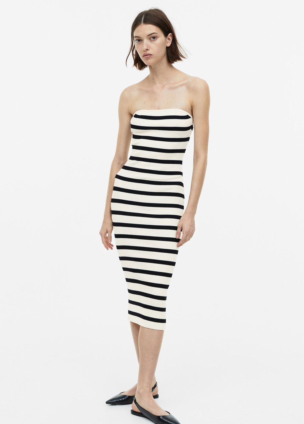 Бежевое кэжуал платье бандо H&M в полоску