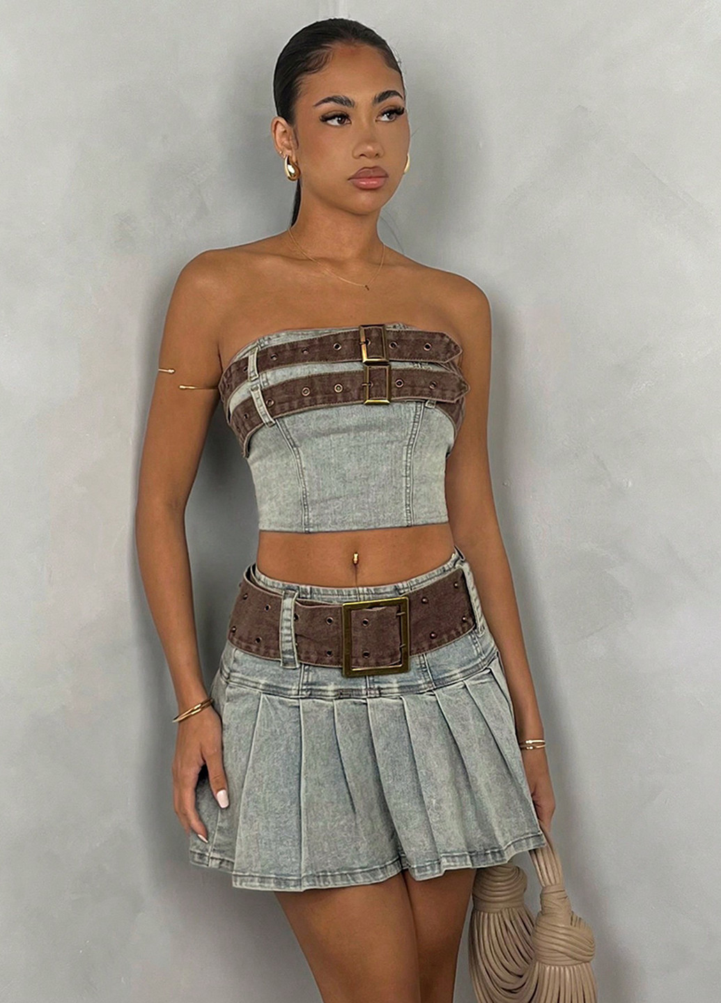 Серо-голубая джинсовая однотонная юбка SHEIN плиссе