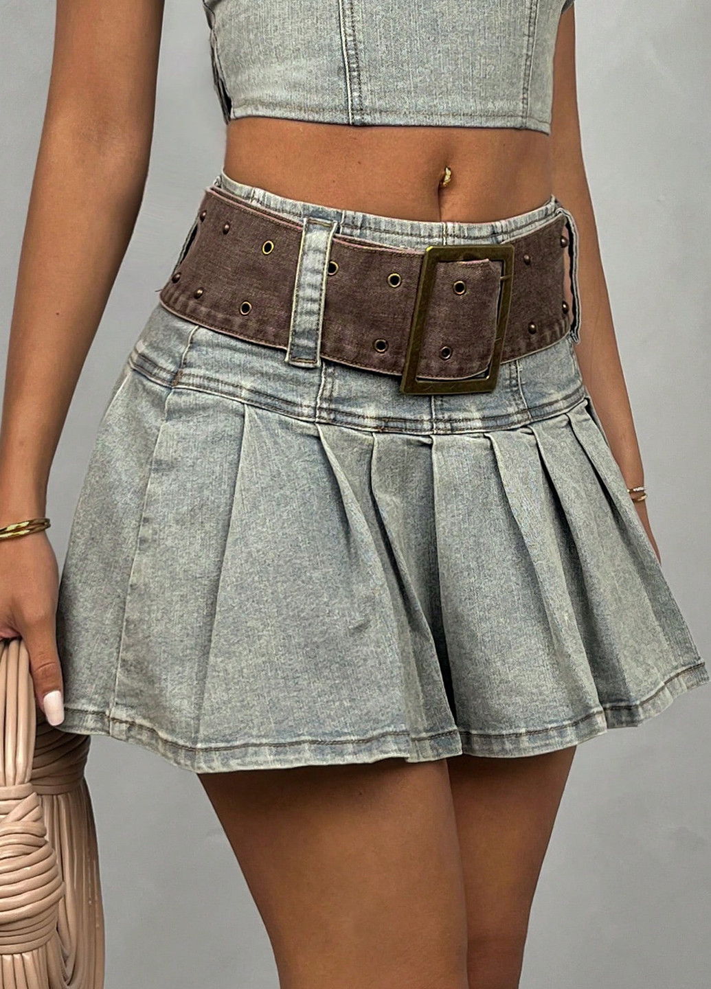 Серо-голубая джинсовая однотонная юбка SHEIN плиссе