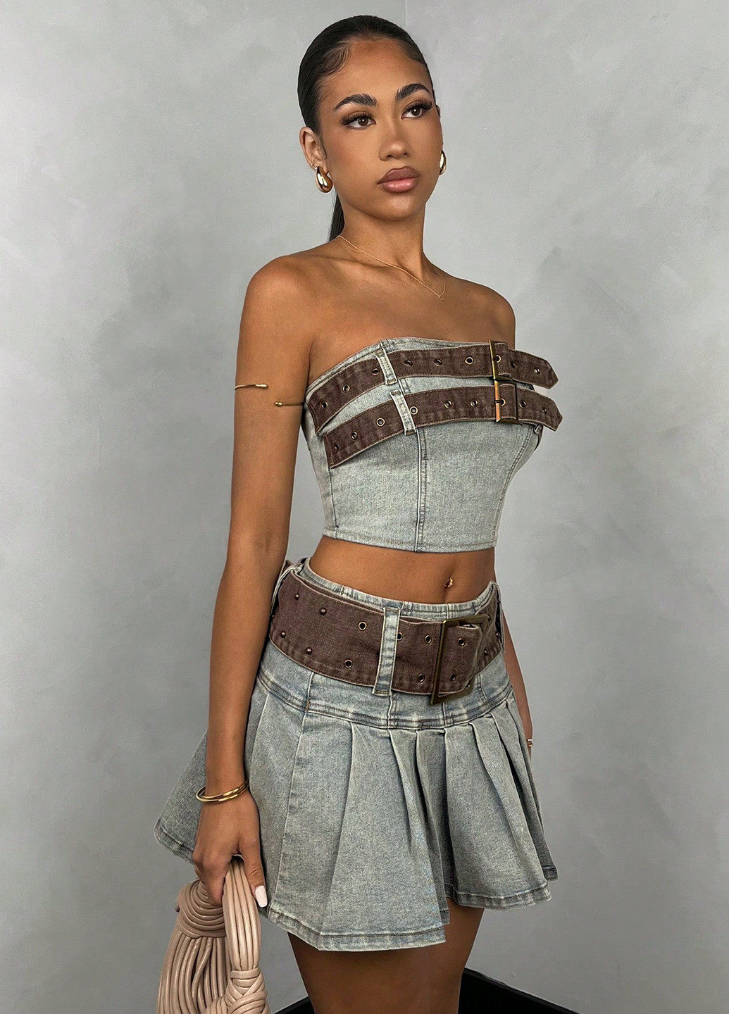 Серо-голубая джинсовая однотонная юбка SHEIN плиссе