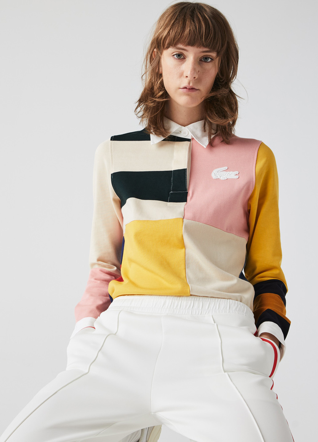 Цветная женская футболка-поло Lacoste колор блок