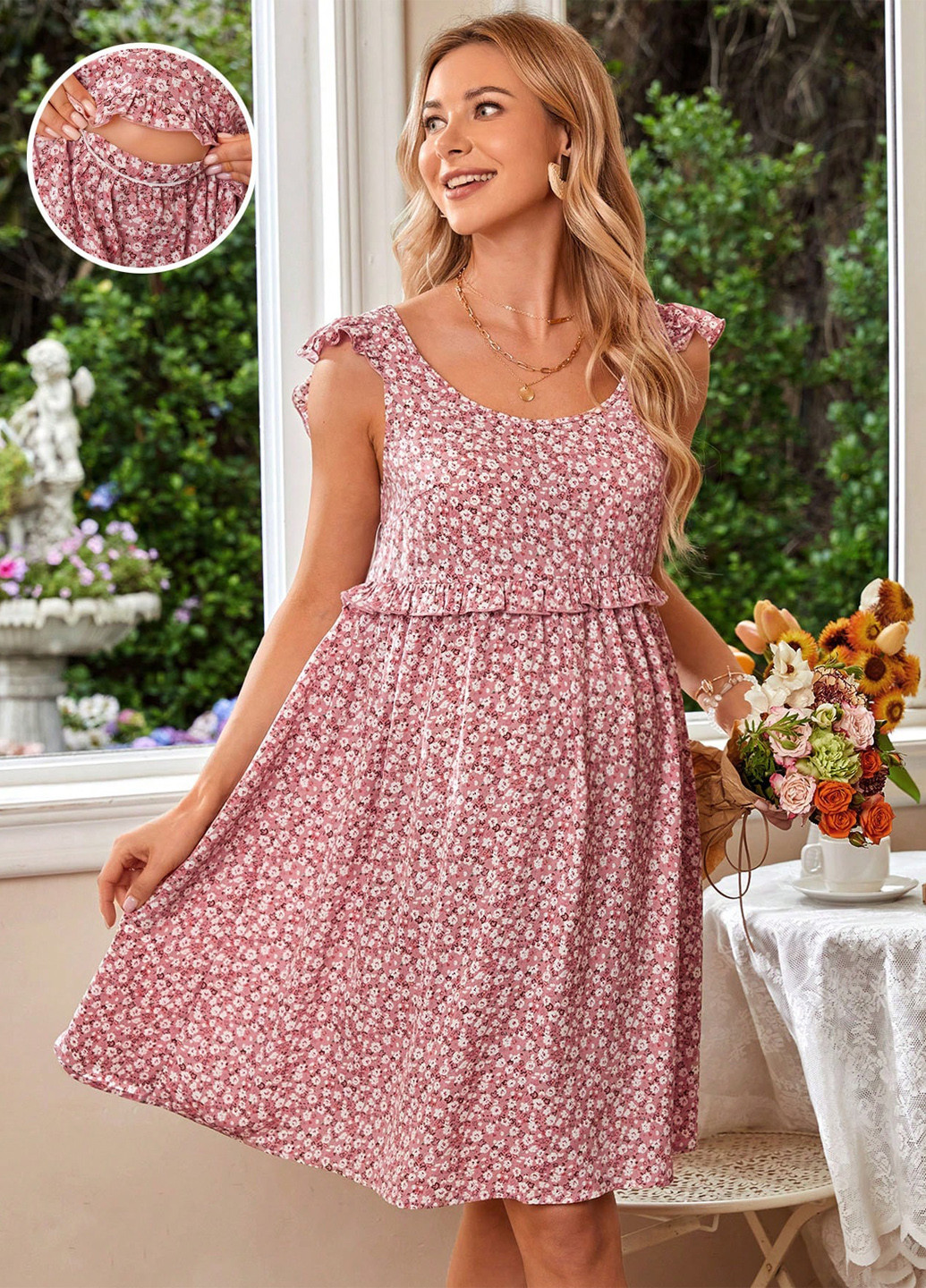 Рожева кежуал сукня для вагітних і годуючих з спідницею-сонце, а-силует SHEIN з квітковим принтом