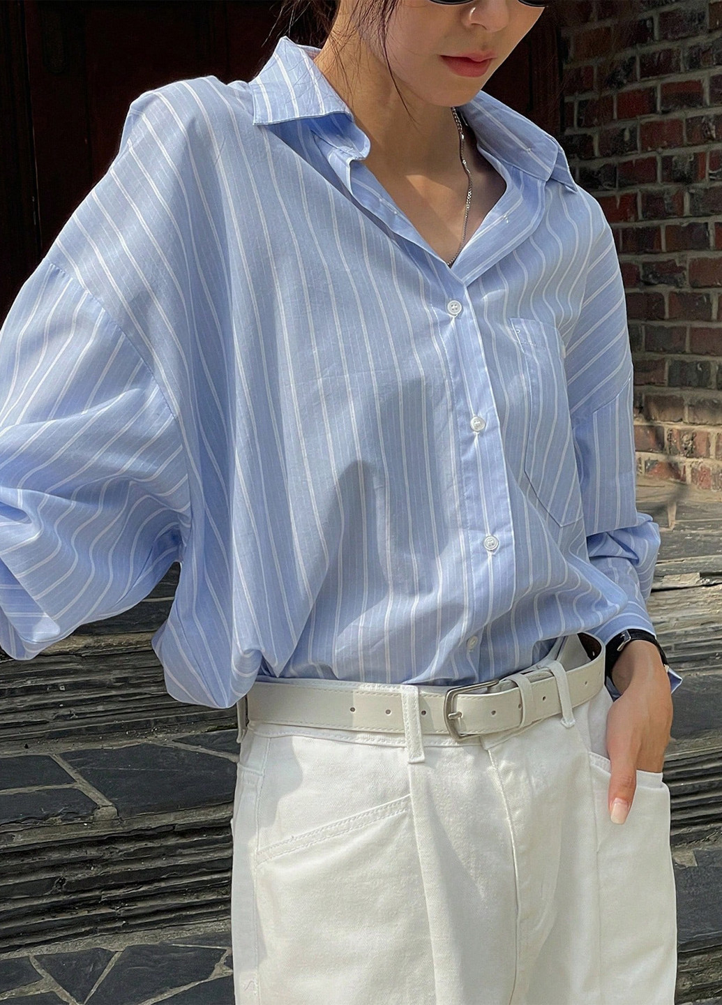 Голубой кэжуал рубашка в полоску SHEIN