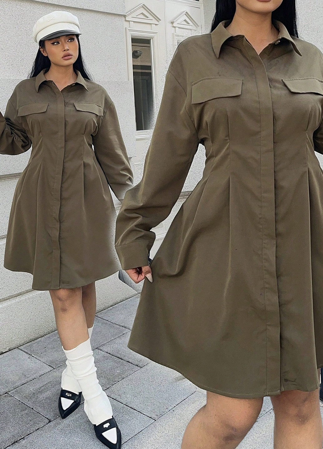 Оливковое праздничный, деловое, кэжуал платье а-силуэт, рубашка SHEIN однотонное