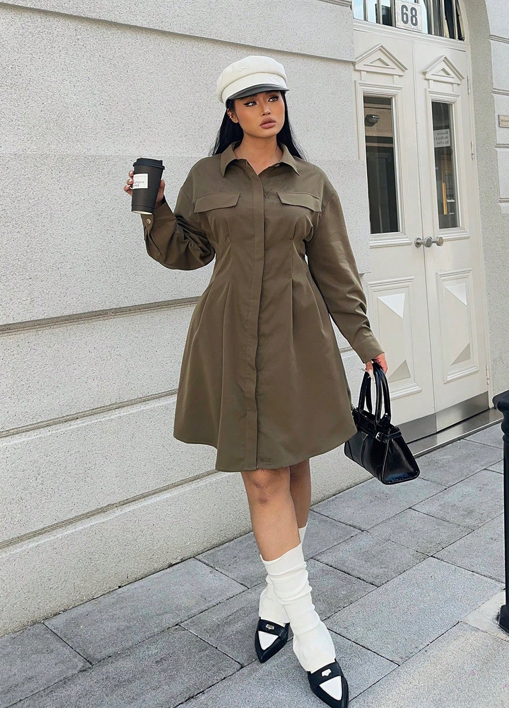 Оливковое праздничный, деловое, кэжуал платье а-силуэт, рубашка SHEIN однотонное