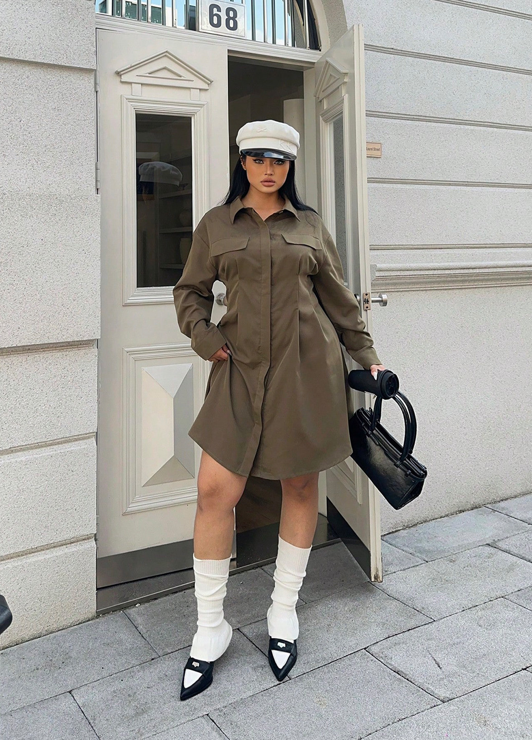 Оливковое праздничный, деловое, кэжуал платье а-силуэт, рубашка SHEIN однотонное