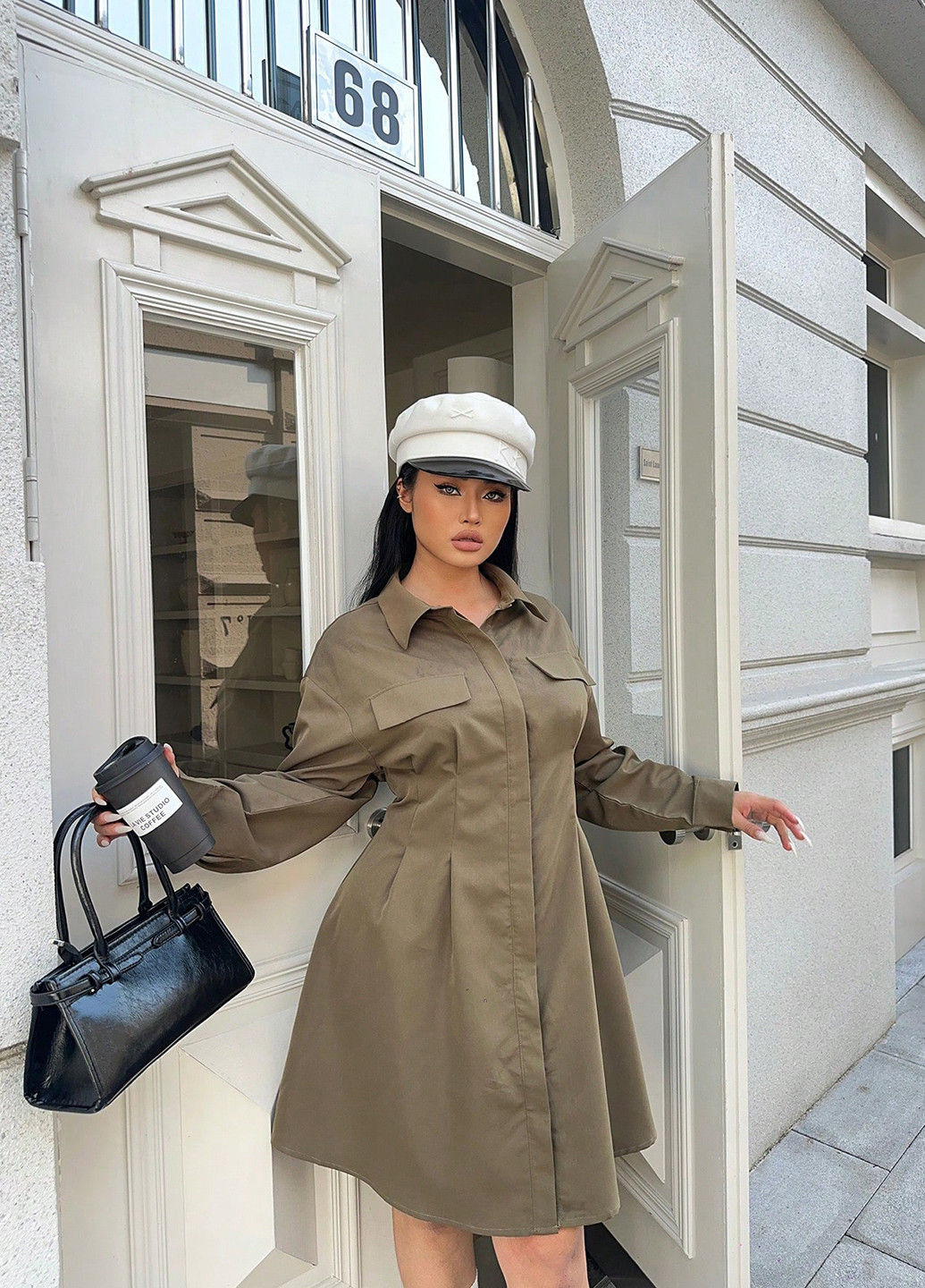 Оливковое праздничный, деловое, кэжуал платье а-силуэт, рубашка SHEIN однотонное