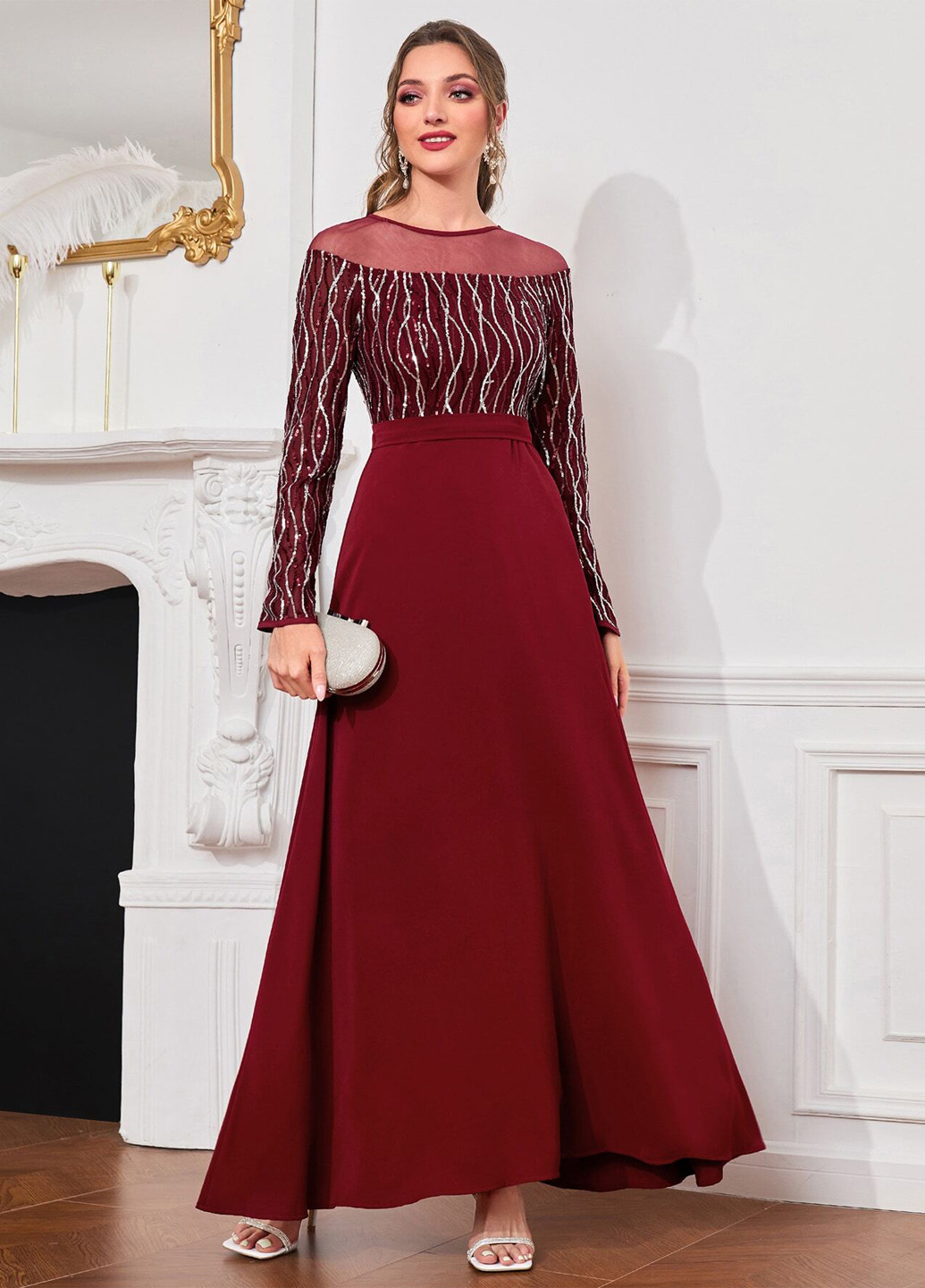 Бордова вечірня, святковий сукня кльош SHEIN однотонна