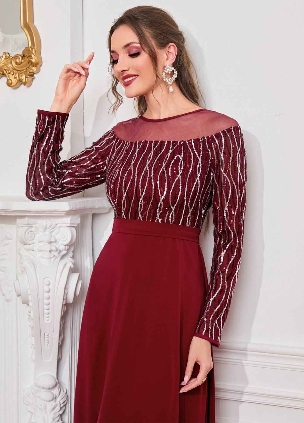 Бордова вечірня, святковий сукня кльош SHEIN однотонна