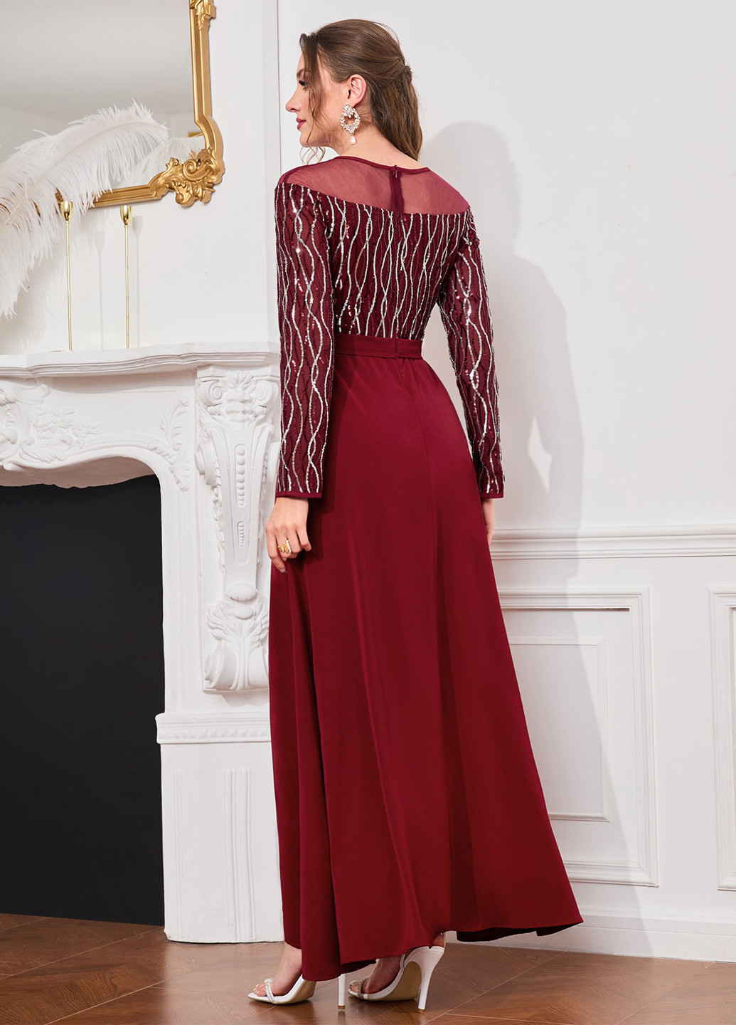 Бордова вечірня, святковий сукня кльош SHEIN однотонна