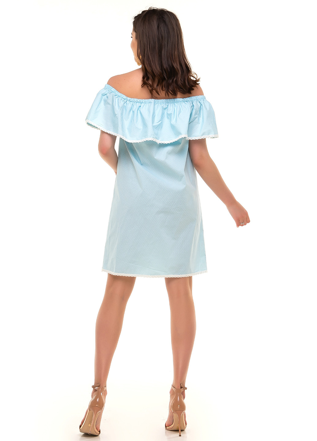 Голубое кэжуал платье с открытыми плечами Olsa в горошек